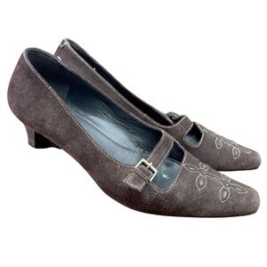 ECCO Brown Suede Pointed Toe Mary Jane Kitten Heel Shoes Size 39 8 - 8.5 Y2K